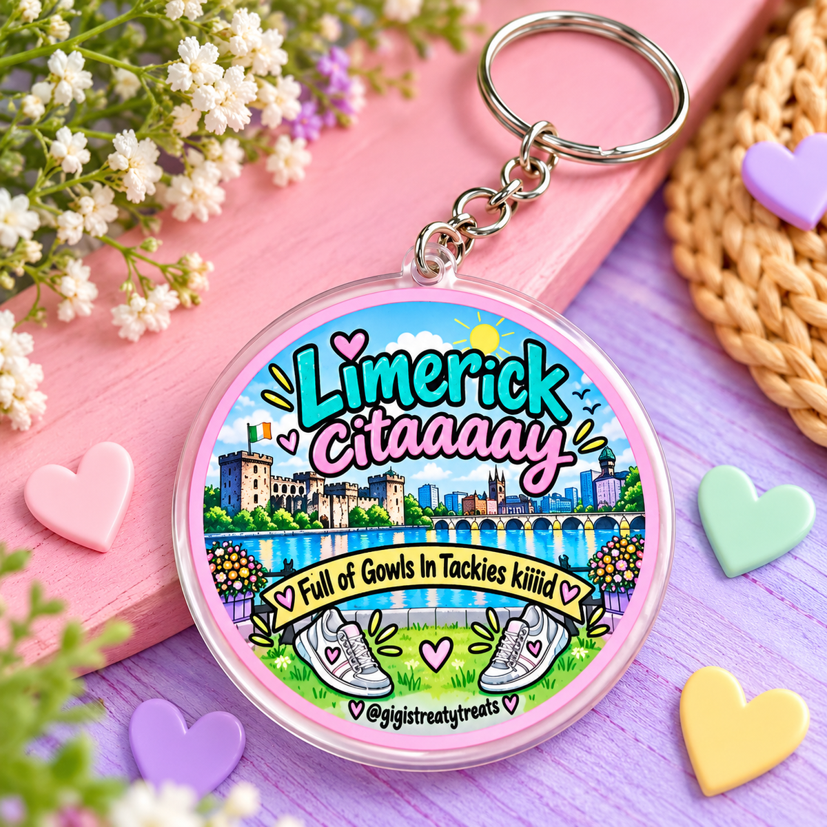 A round acrylic keychain featuring a colorful illustrated design with the text 'Limerick Citaany' and a cartoon cityscape, bridge, flowers, and white tackies. The keychain is photographed on a pastel surface with decorative heart shapes and flowers.
